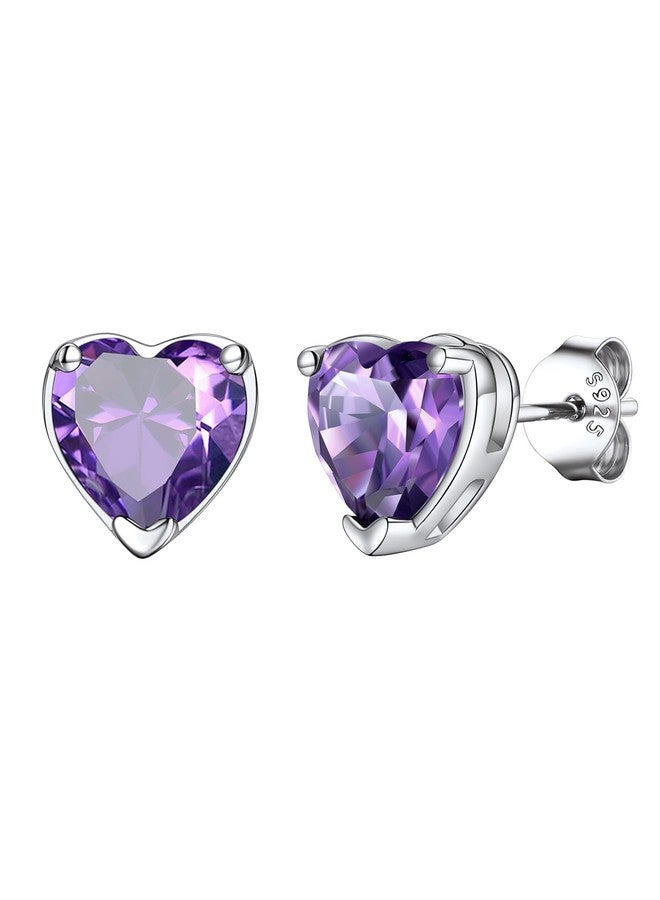 KeyStyle Amethyst Birthstone Earrings for Women,Heart Stud Earrings with 925 Sterling Silver Posts & Push Backs,8mm/2 Carat Cubic Zirconia Stud Earrings,Birthday Party Gifts Birthday Jewelry - Image 1